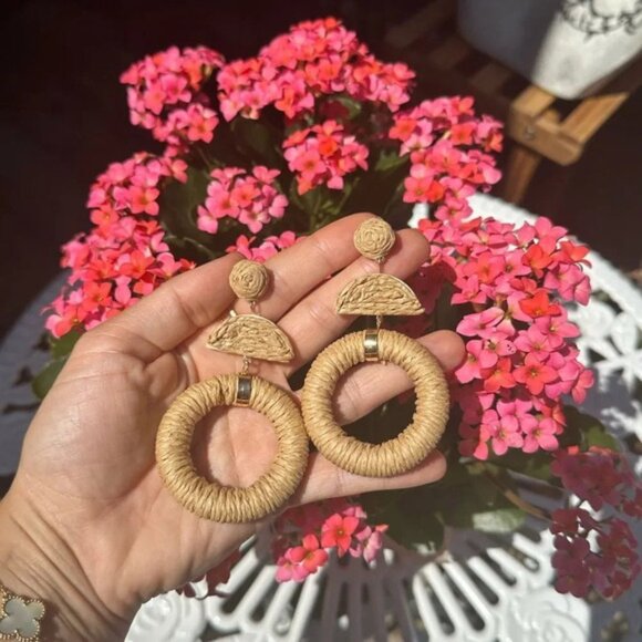 Anthro Boho Raffia Rattan Drop Earrings - Picture 6 of 7